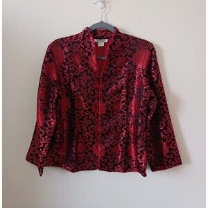 Vintage Diongyu Silk Blazer Long Sleeve V Neck Black Red Size M